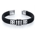 Pulsera de cadena de fábrica al por mayor FH-49 Mens Negro tejido de cuero pulsera de acero inoxidable rayado